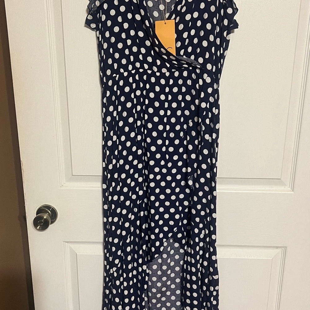 Navy Polka Dot high-low maxi